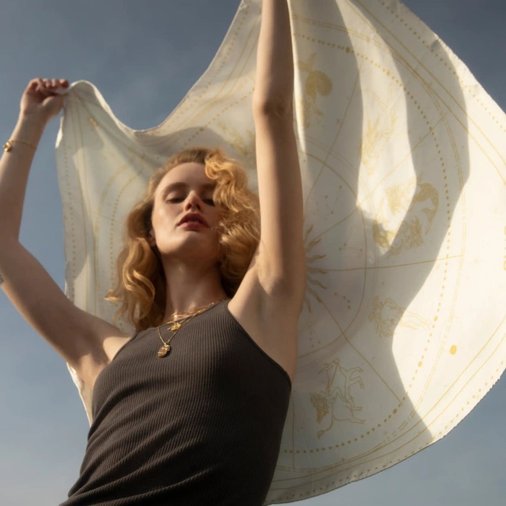 Awe Inspired ivory gold silk twill zodiac square scarf headwrap belt bag wrap - Picture 3 of 6